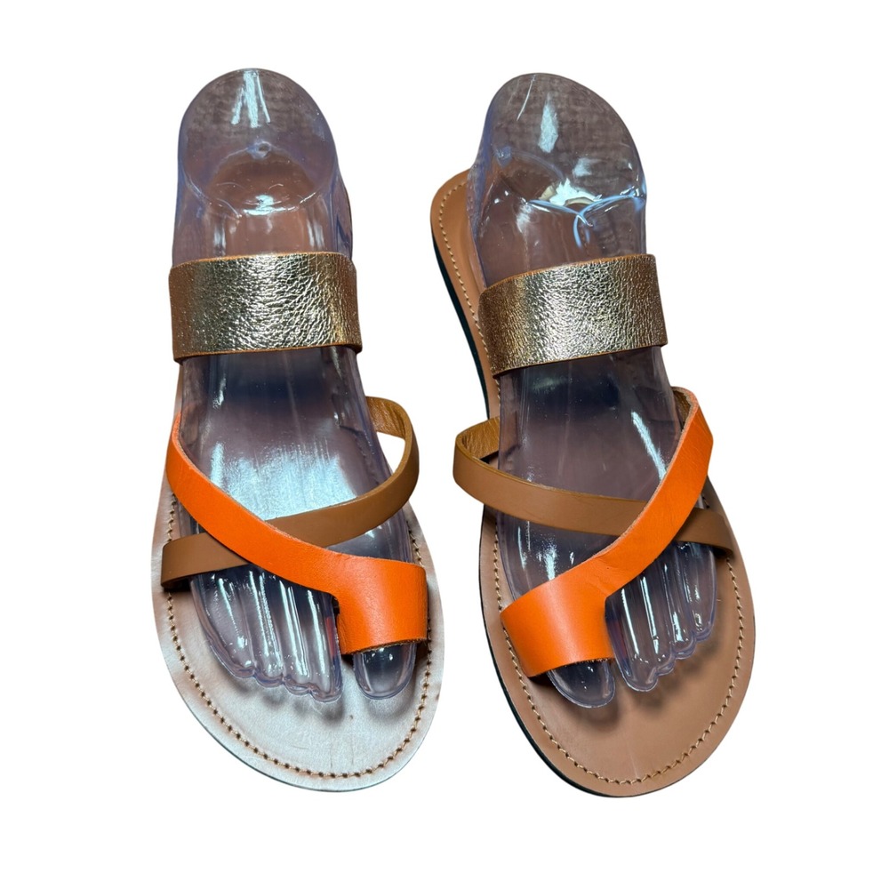 Ikwetta Handcrafted Leather Sandals Kenya Orange Gold Strappy Flat Slides 41 - Picture 6 of 11